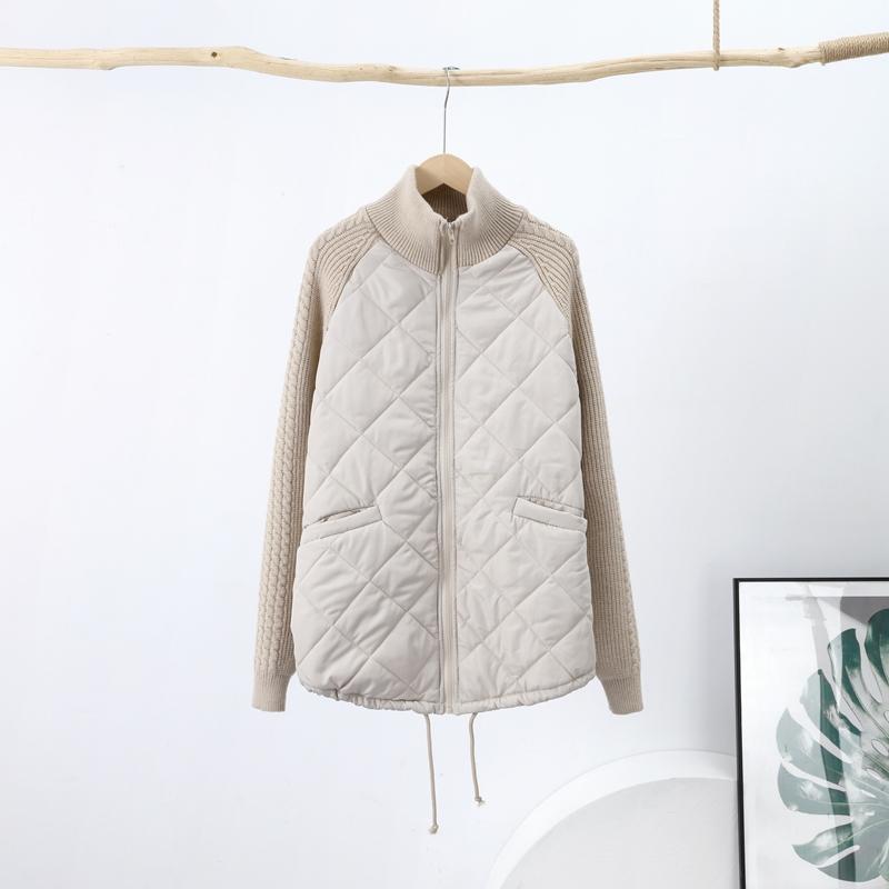 Women's OverSize Loose Cotton Parka Quilting Design Spliced Knitted Long Sleeve Zipper Stand Up Collar Thin Coat Drawstring Hem Overwear Autumn Winter