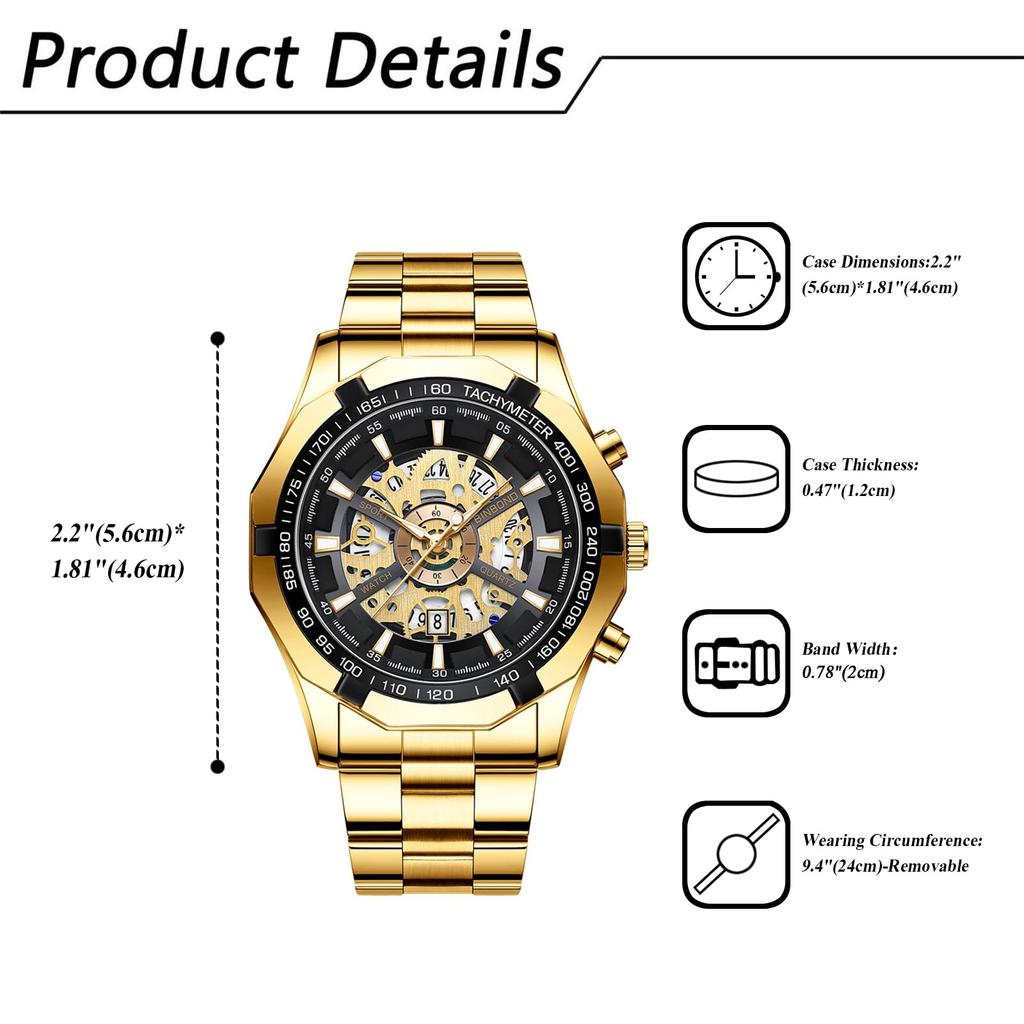 Gold Watch with 3ATM Water Luminous Analog Stainless Stylish Quartz and Gold A Perfect Gift for or Your Boyfriend Men's Calendar, Resistance, Display,