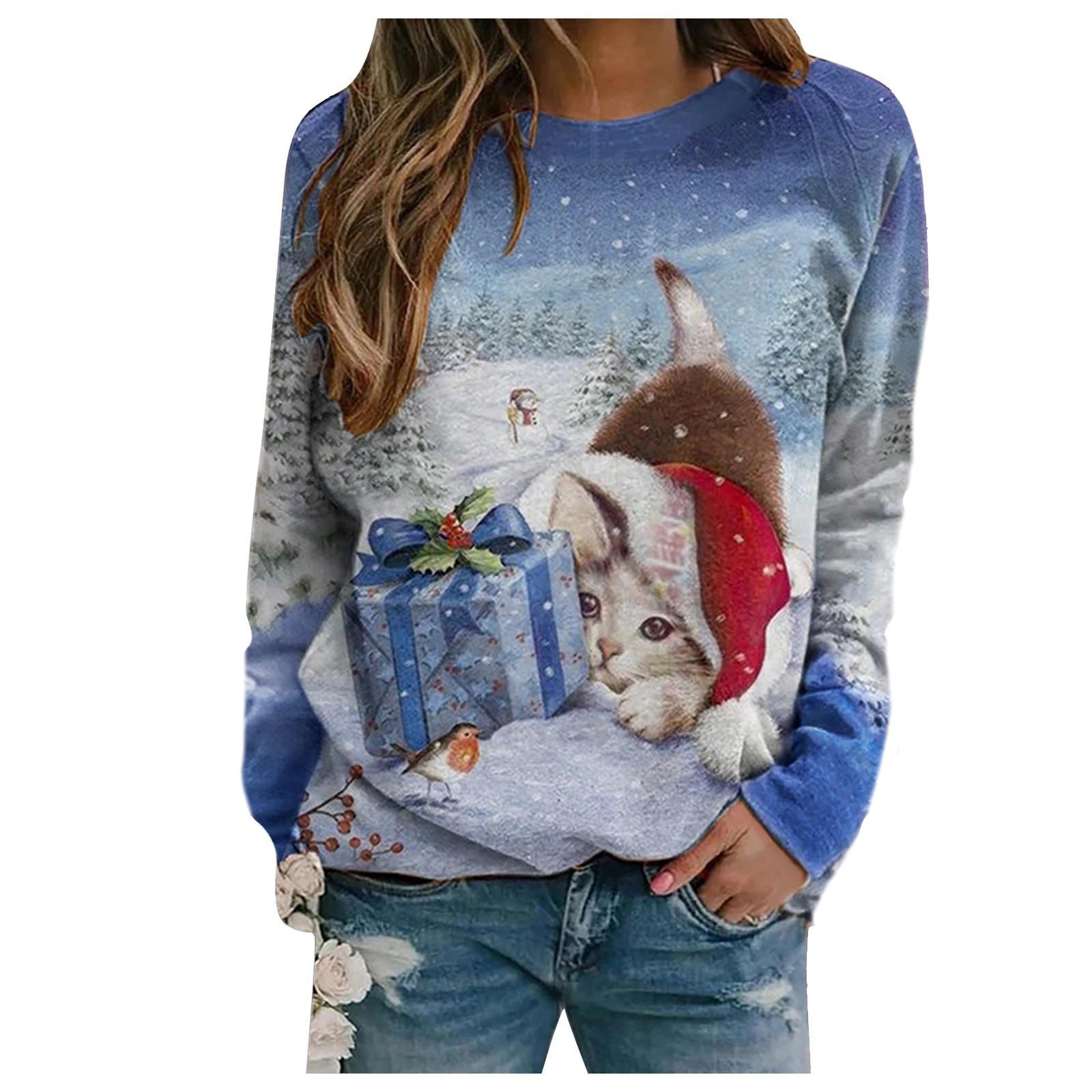 

Женские Осенние Топы Свободная Кошка Озорной Котенок Принт Причинная Причинная Футболка Длинный Рукав Топ Блузка