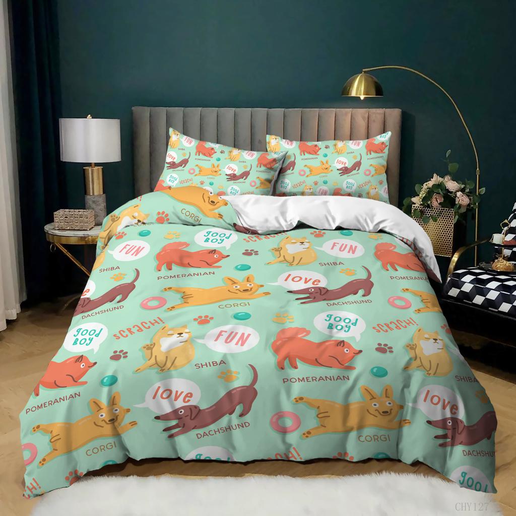 Cartoon Dogs Bedding Set Soft Polyester Bed Linen with Pillowcase Queen King Single Size 135x200cm Shiba Inu Duvet Cover Set