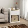Modern Bedside Table, Slim Nightstand with Drawer, Shelf and Cable Holes, White and Oak