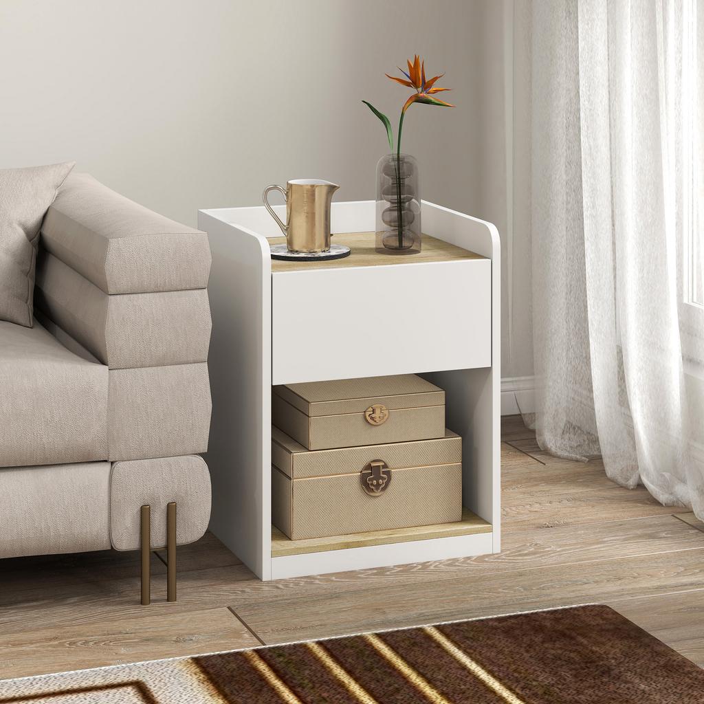 Modern Bedside Table, Slim Nightstand with Drawer, Shelf and Cable Holes, White and Oak