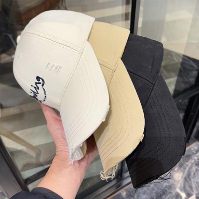 Ripped Embroidery Letter Hardtop Baseball Hat Spring and Autumn New Wide-brimmed Big Head Circumference Versatile Cap
