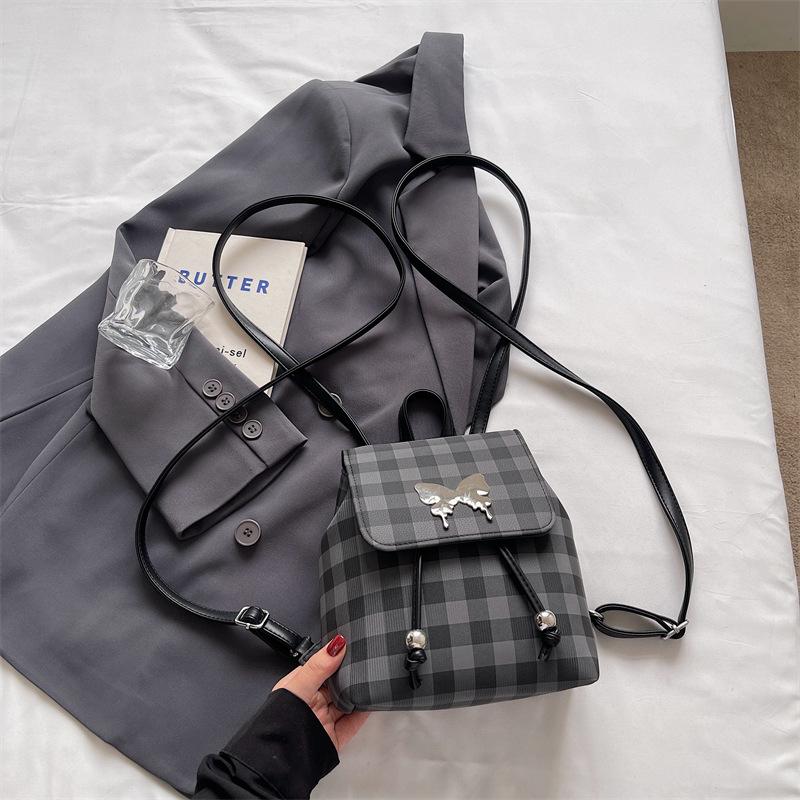

Plaid backpack female fashion niche student class schoolbag bucket bag high value travel small backpack