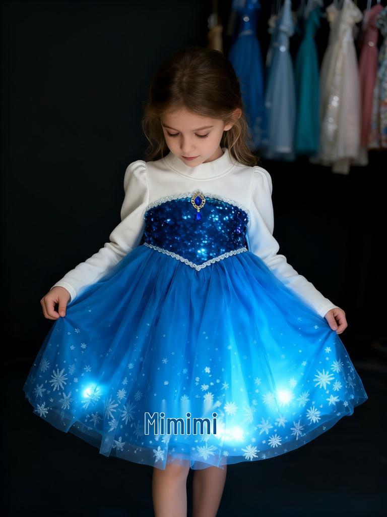 Glitzerndes leuchtendes Elsa Prinzessinnenkleid für Mädchen - Beflockter Herbst-/Winter-Halloween-Stil