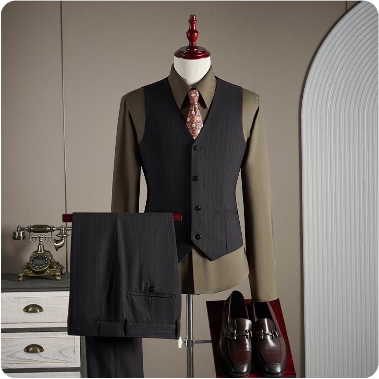 Men's Striped Suit Three-piece Suit, High-quality Double-breasted Suit, Bow-neck Business High-definition Western Suit