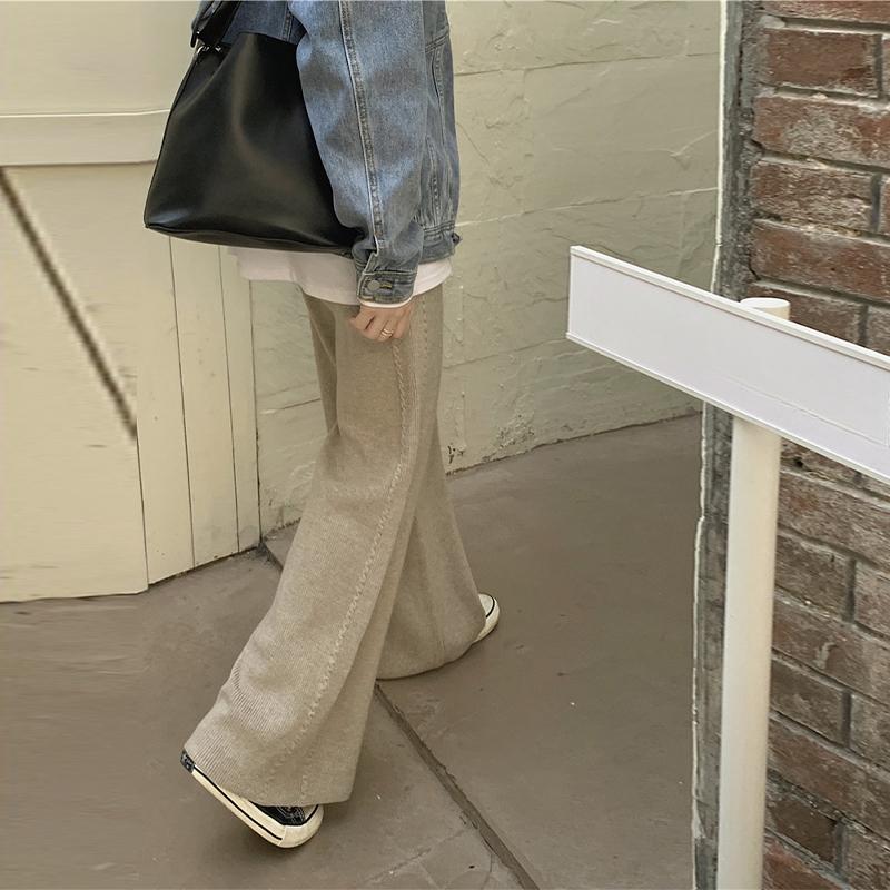Women's Fashionable Casual Draping Knitted Wide-Leg Pants Elastic Waist Embossed Wool Mopping Trousers