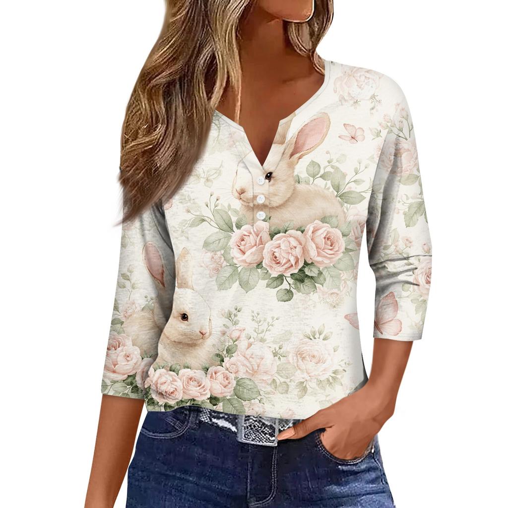Women's Fashion Casual Easter Printed V-neck Short Sleeve Decorative Button Seven Sleeve T-shirt Top