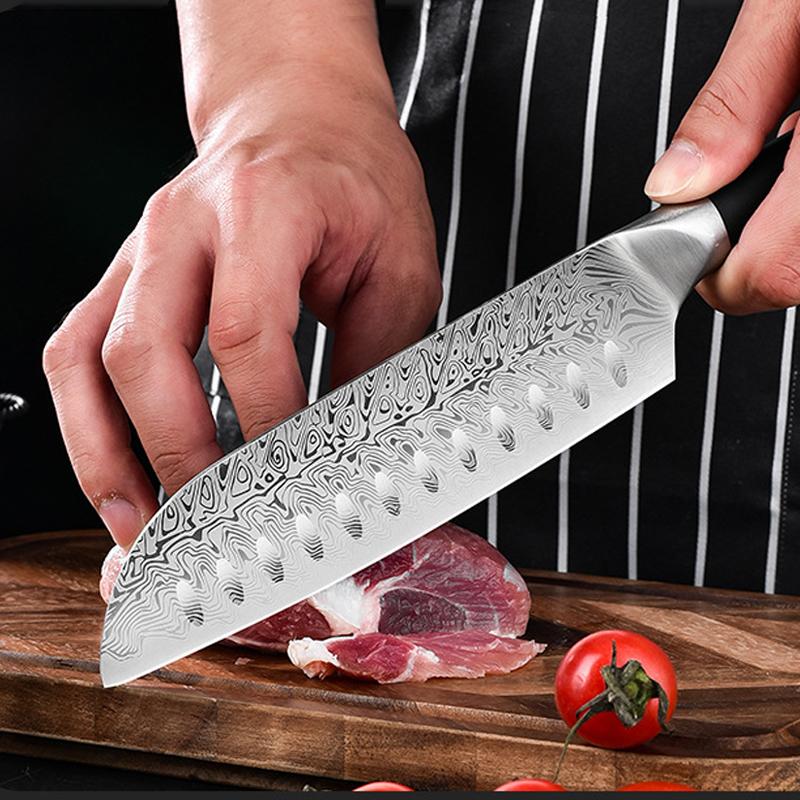 High-end kitchen knives, Damascus steel textured Japanese knives, Santoku knives, for cutting fruits and meats in the kitchen