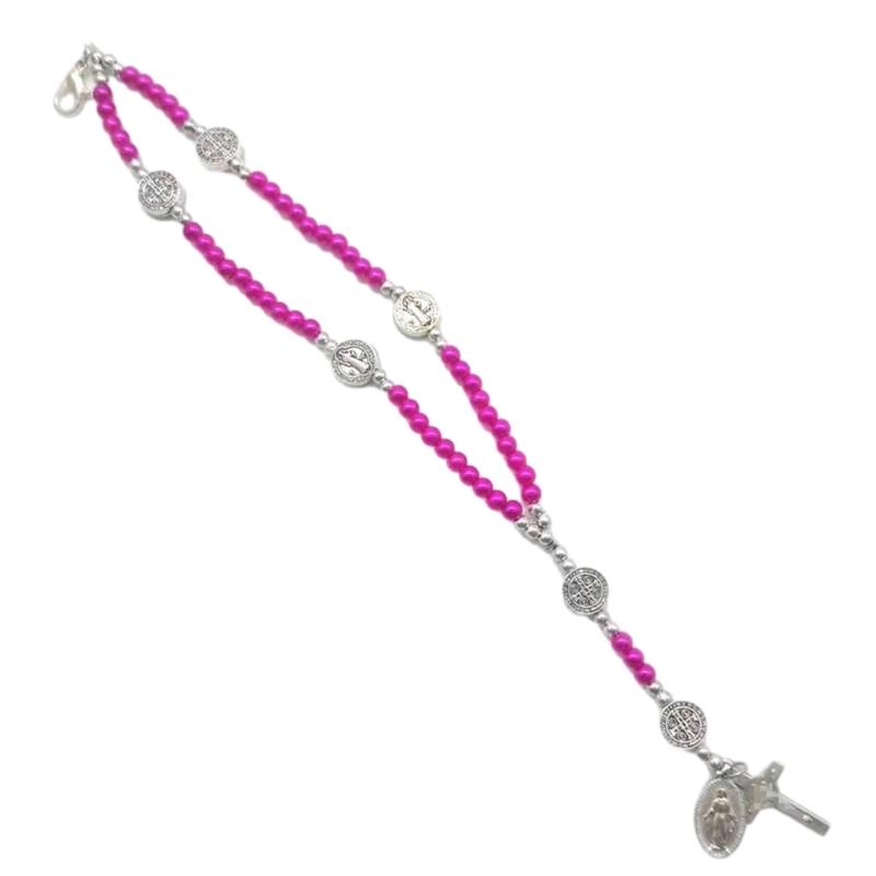 Catholic Cross Finger Chain Double Layer Imitation Pearl Beaded Wrist Chain Cross Rosary Bracelet for Women and Girls
