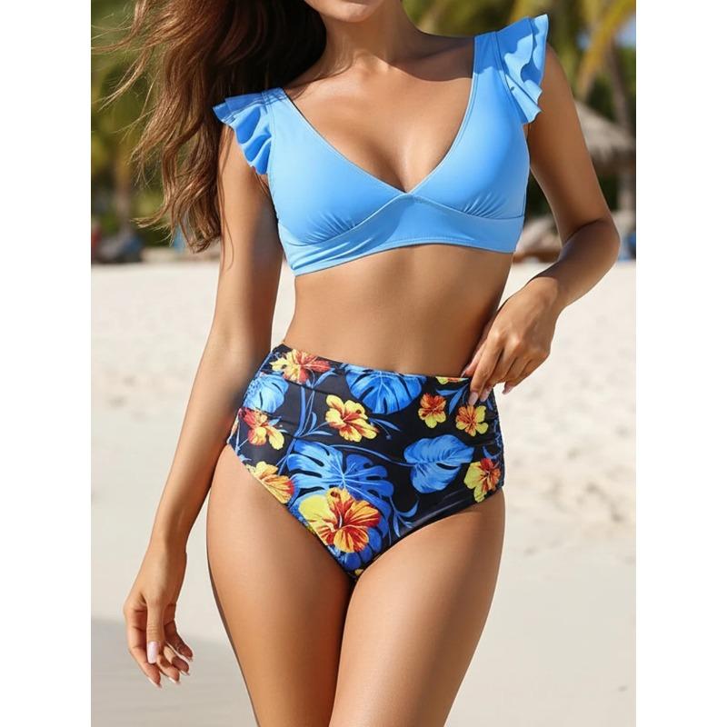 Color Patchwork Bikini Set Ruffle Trim Swimsuit Women New Fashion Swimwear Female Bathers Bathing Swimming Suit Beach 2 Pec