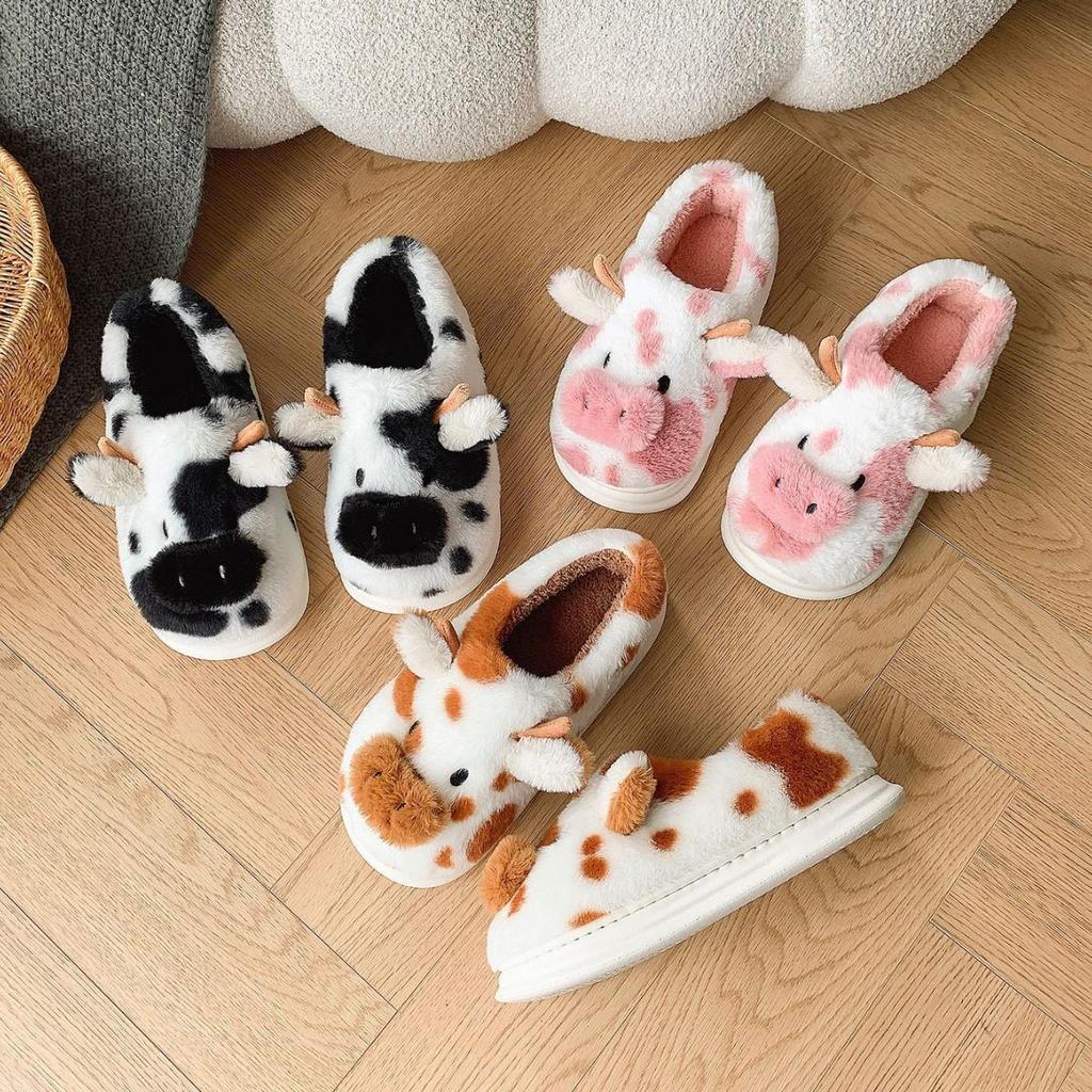 Cartoon Cow Furry Slippers with Thickened Heel, Warm Non-Slip Indoor Winter Clogs