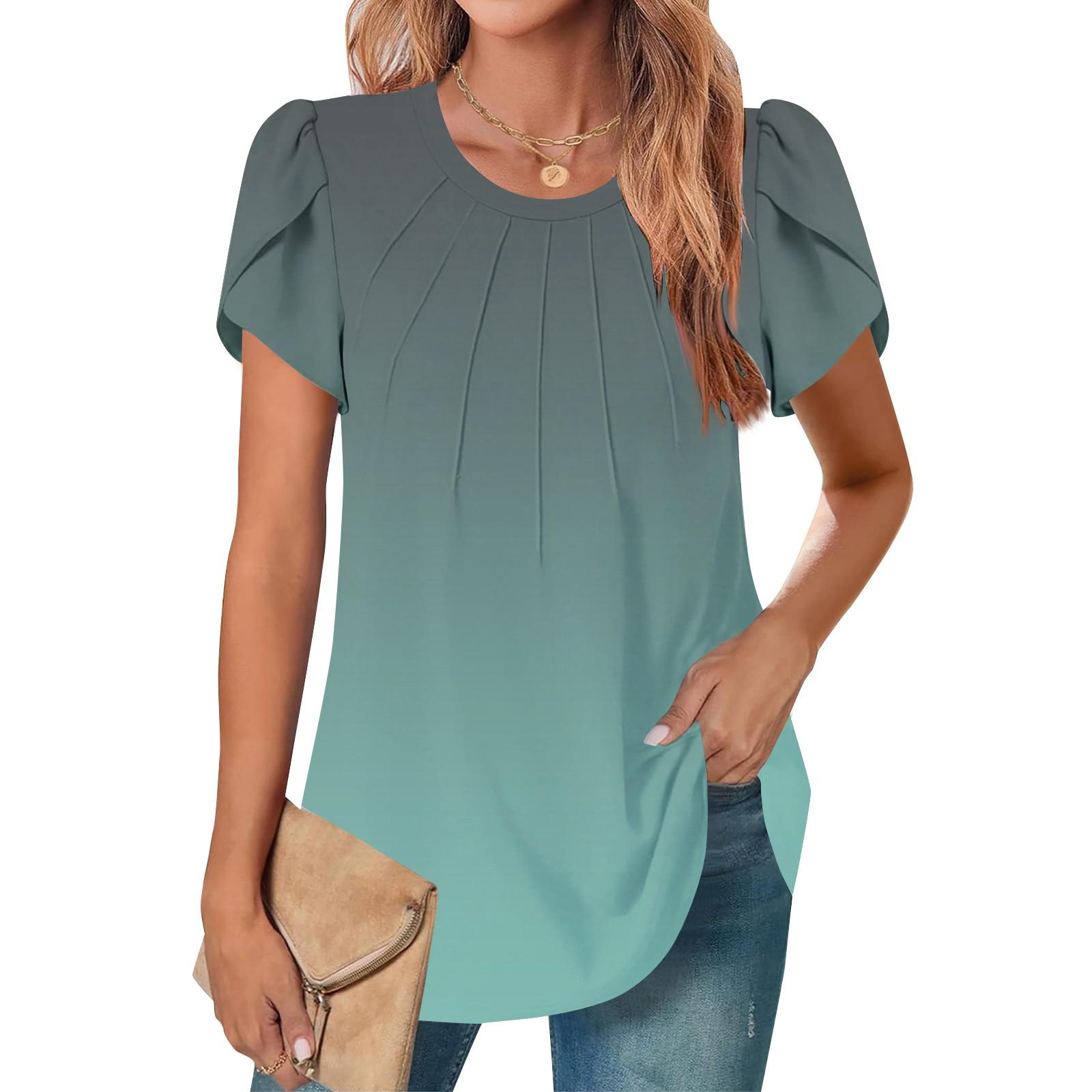 

Женский повседневный топ с круглым вырезом и коротким рукавом, с плиссировкой и расклешенными рукавами, с цветочным принтом M светло-зеленый