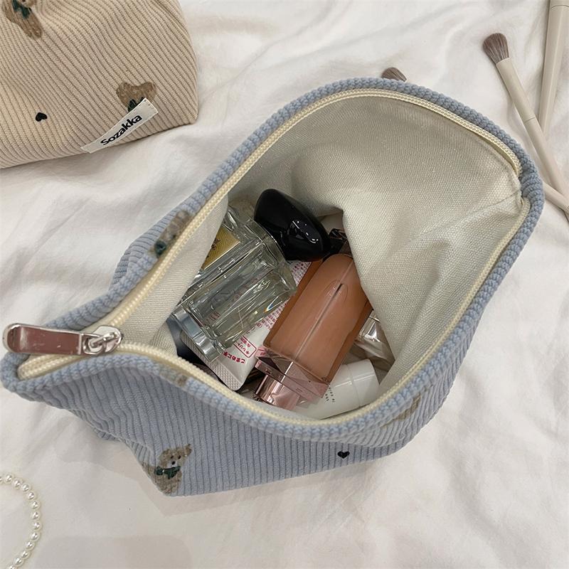 Portable Cartoon Bear Makeup Bag Corduroy Large Capacity Cosmetic Bag Pen Bags For Women Lady Girl
