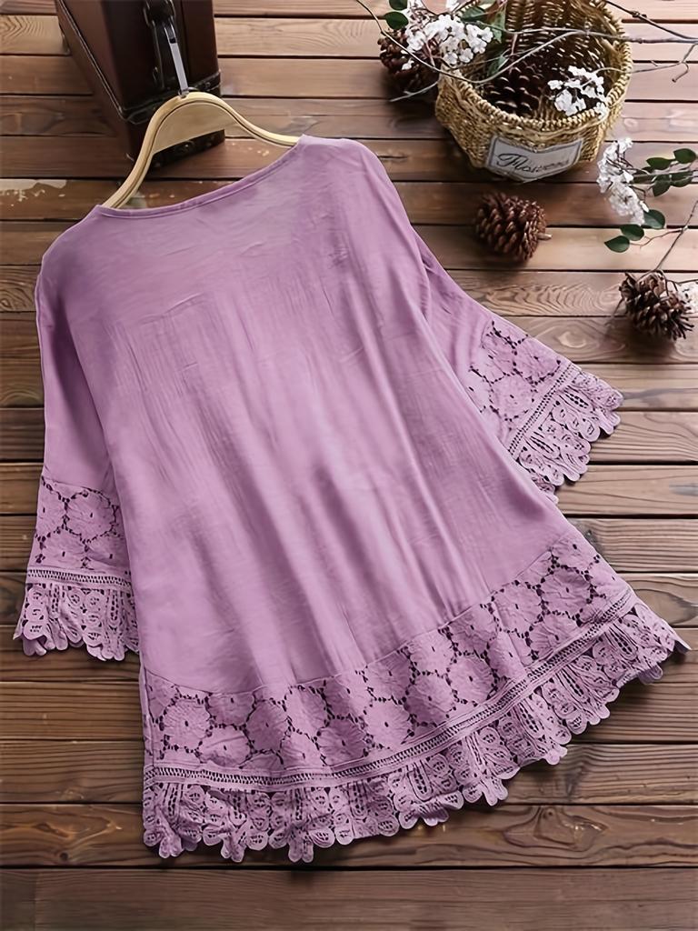 Plus Size Elegant Blouse, Women's Plus Floral Appliques Contrast Guipure Lace Short Sleeve Tie Neck Top