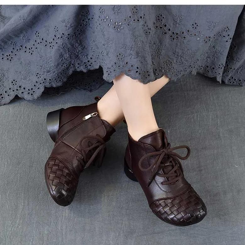 Johnature Genuine Leather Hand Woven Thick Heel Ankle Boots Retro Soft Sole Versatile Women's Shoes