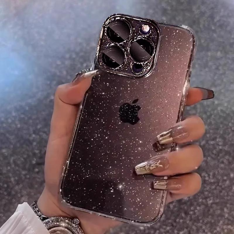 Luxury Transparent Bling Glitter Plating Phone Case For iPhone 16 Pro Max 15 14 13 12 11 Plus PC Hard Plastic Shockproof Cover