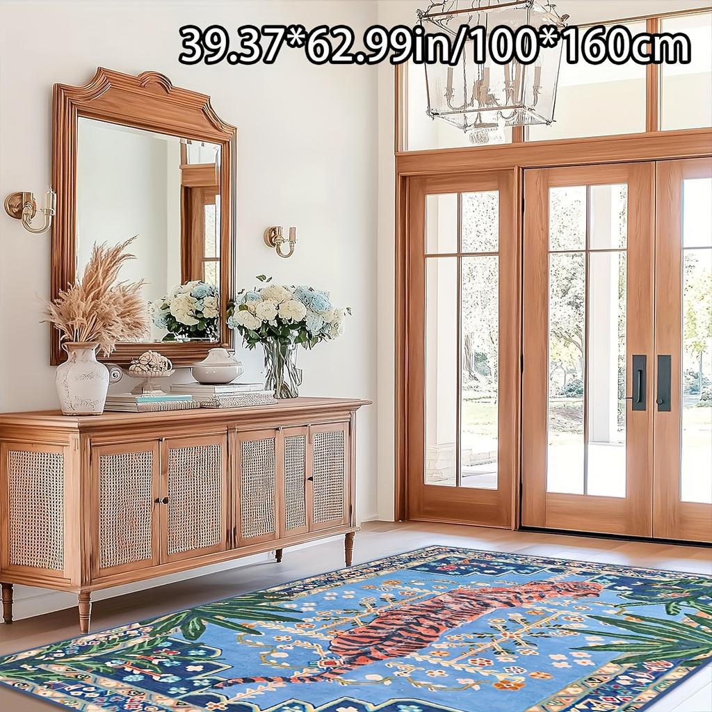 Crystal Velvet Non Slip Point Plast Soles Blue Hidden Tiger Pattern Carpet Sofa Pad Door Mat Bedroom Rug Home Decor