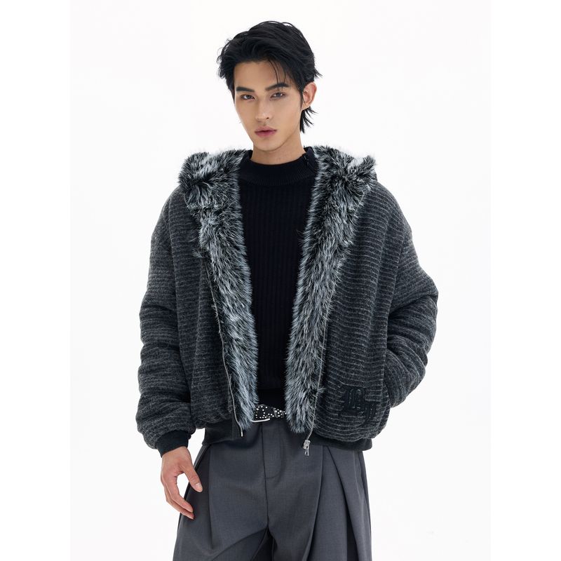 Kisko Winter American-Style Mountain Carving Striped Embroidered Warm Cotton Jacket for Men and Women, Trendy Brand Loose Padded Hooded Coat