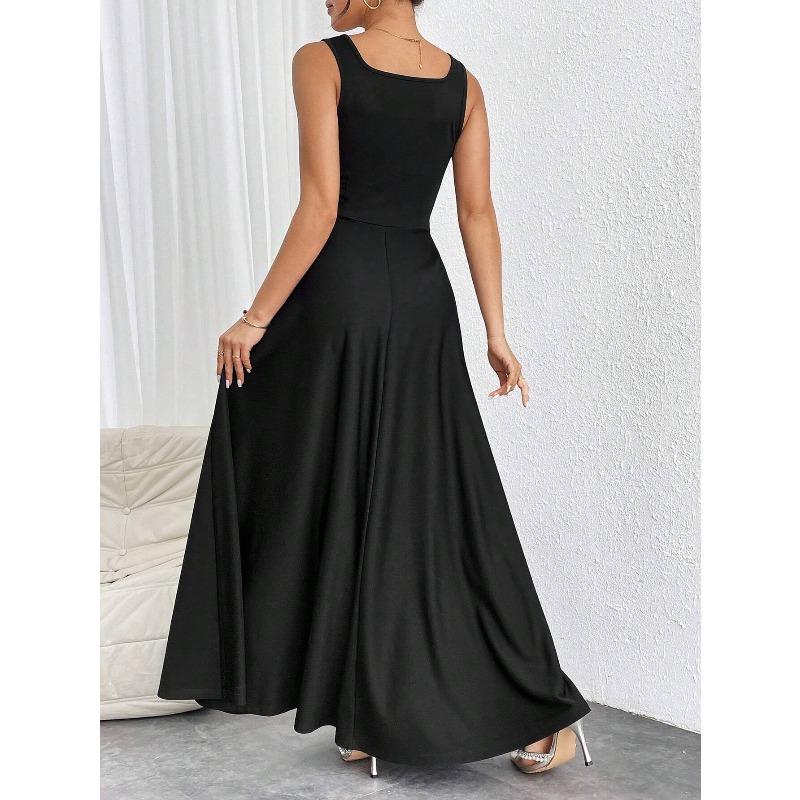 YYFS Moda damska Lato Wiosna Jednolity kolor Drukuj Bez rękawów Kwadratowy kołnierzyk Wysoka talia Casual Sukienki