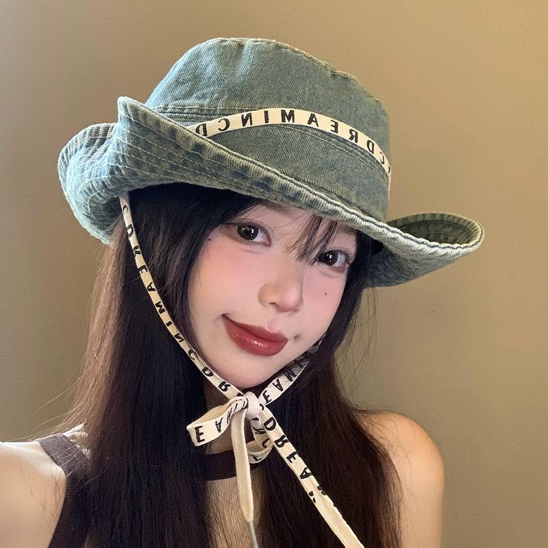 Autumn hat women's retro cowboy hat letter strap mountaineering hat outdoor hiking big head circumference bucket hat