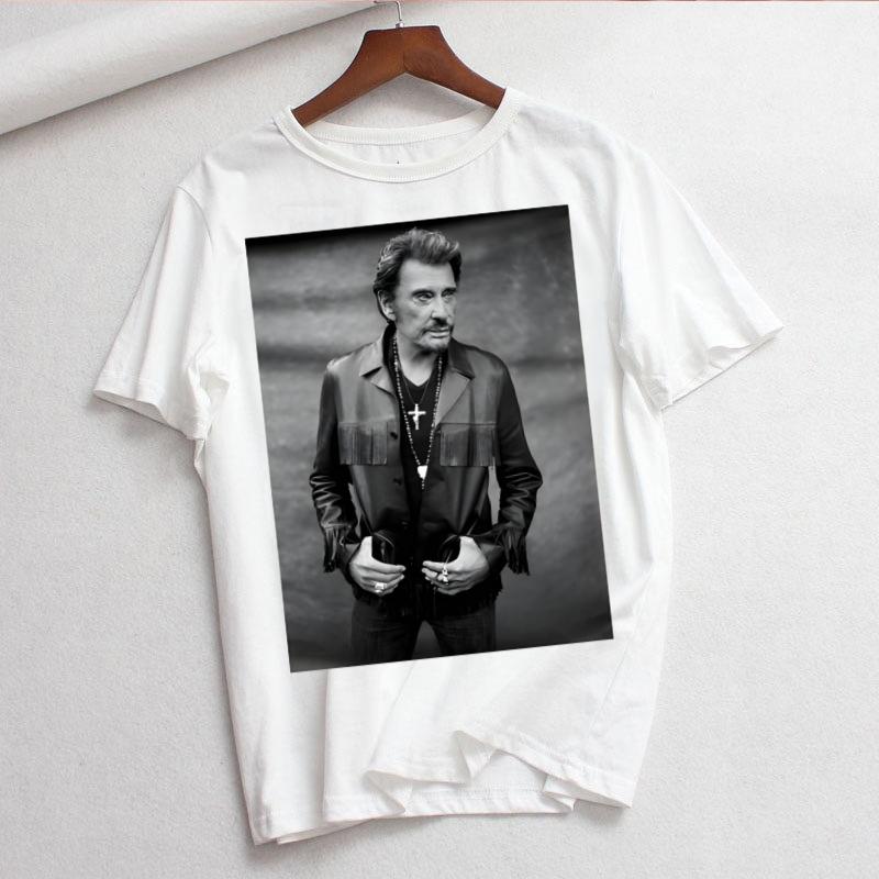 Johnny Hallyday Print T Shirt Women White and Black Shirts Fashion Round Neck Short Sleeve Cotton TShirt