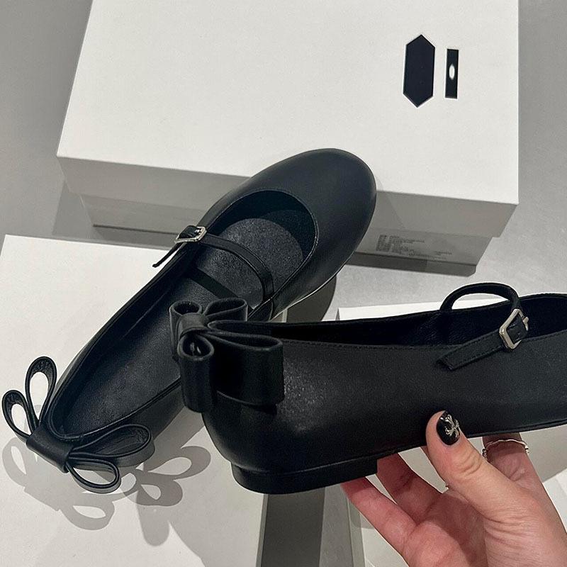 Leather French Back Bow Light Mouth Word with Mary Jane Single Shoes Women's Spring and Autumn New Ballet Flats