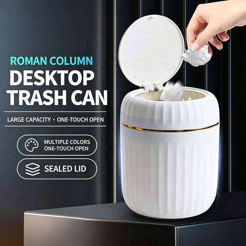 Roman Column Desktop Trash Can With One Touch Open Sealed Lid And Large Capacity Perfect For Home Office Vanity Desk Use