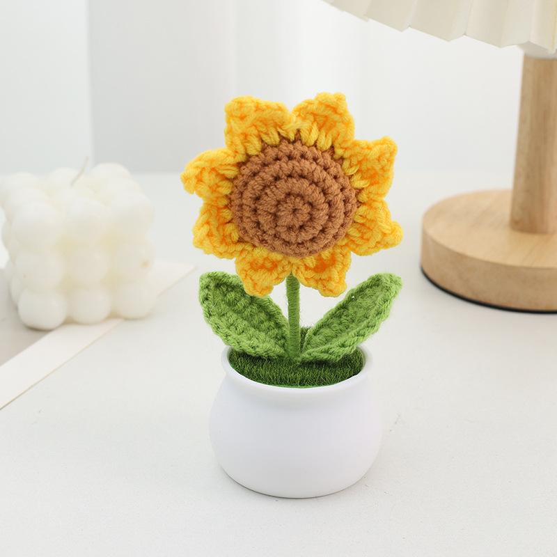 Handmade Crochet Sunflowers Potted Stuffed Plants Finished Woven Bouquet Home Desktop Decor Christmas Graduation Gifts