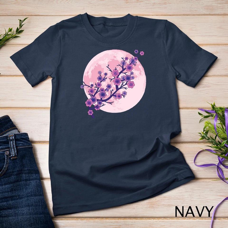Japanese Aesthetic Pink Moon Cherry Blossom Sakura Flowers Unisex T-shirt 6 3XL