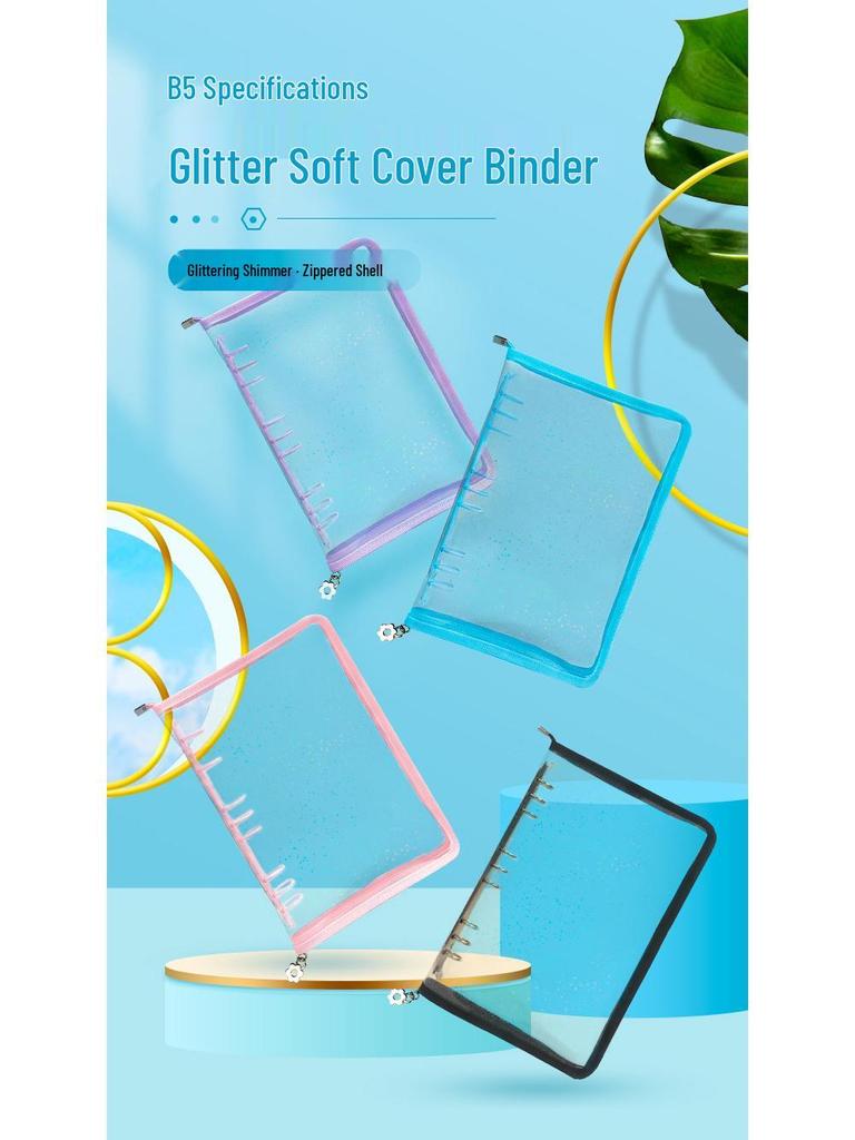Japanese Style B5 Transparent 9-Hole Zipper Notebook with Gold Glitter - Loose-Leaf Diary & Schedule Planner