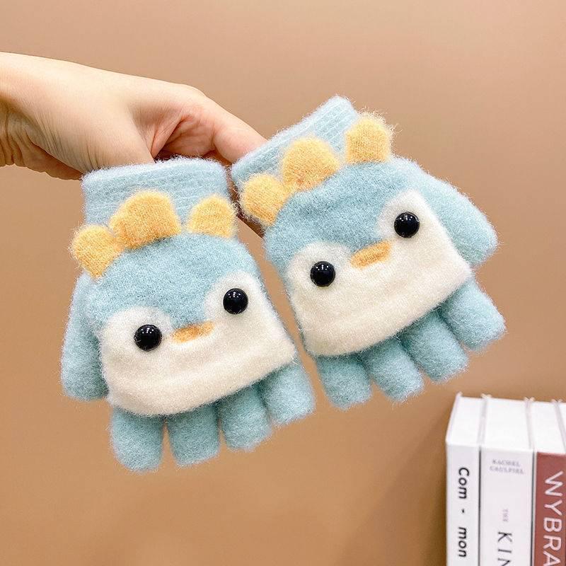 Children's Cute Cartoon Bird Half-Finger Flip-Top Winter Gloves for Boys and Girls.