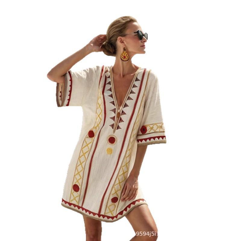 2026 women's V-neck dress seaside vacation 3D printing loose skirt beach
