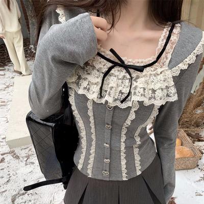 Outono feminino francês vintage estético manga longa camisetas mori menina renda coquete gola quadrada colheita topos maillard fada núcleo