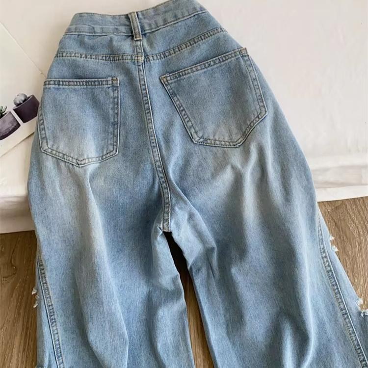 Edgy Hole Denim Loose Pants Women Autumn Newest Distressed Wide Leg Pocket Trendy Street Spicy Girl Y2K Casual Jeans