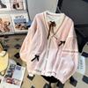 Herbst und Winter pink süße Schleife Twist Kontrastfarbe V-Ausschnitt College-Stil Strickjacke Damen locker lässiger Stil