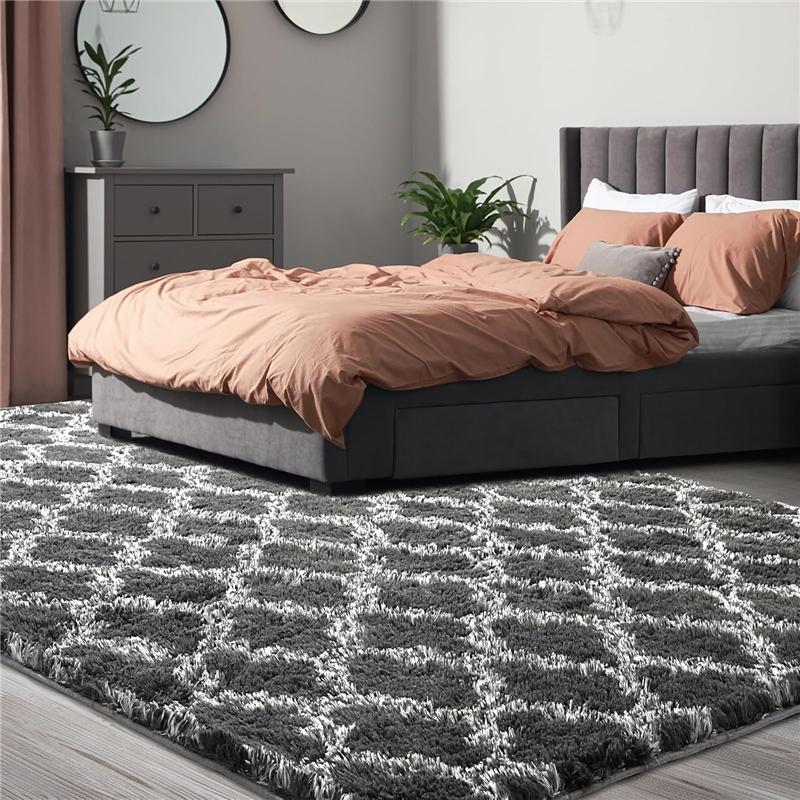 Area Rug Extra Soft Rugs for Living Room, High Pile Indoor Carpet for Bedroom, Playroom, Nursery, Home Decor, Geometric, Dark Grey/White
