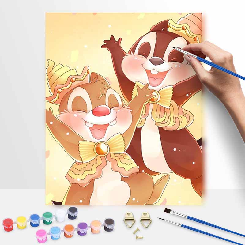 Disney Oil Painting DIY Digital Painting Chip and Dale Cartoon Characters HandPainted Wall Art for Living Room or Entryway. 20x30cm