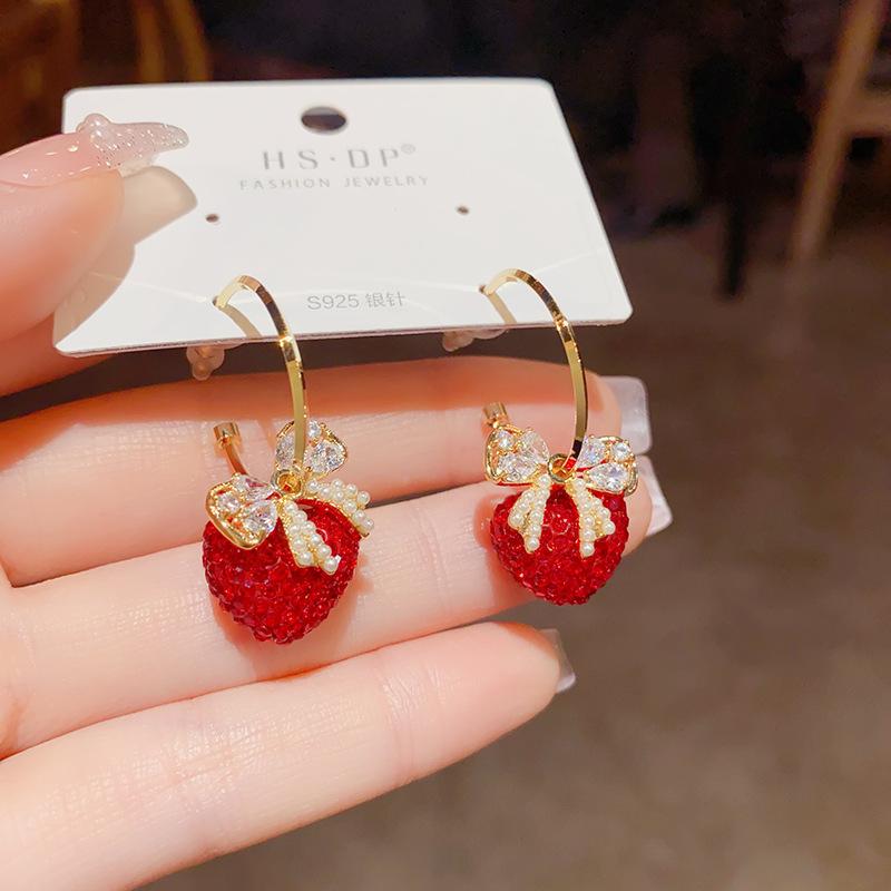 Luxury Red Full Diamond Heart Bow Knot Fashion Hoop Earrings For Women
