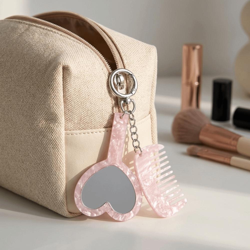 Heart Shaped Mirror Compact Grooming Set Mini Fine Tooth Comb Bag Hanging Charm  Casual Occasions
