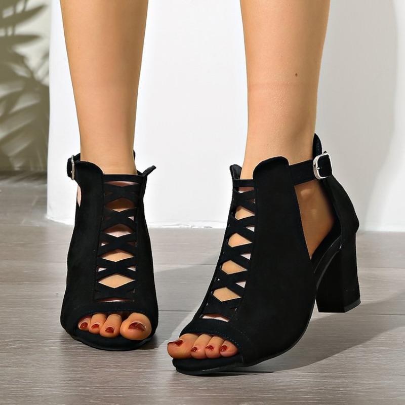 Summer New Round Toe Open Toe Cutout Zipper Soft Sole Non-slip Block Heel Women's Shoes Fish Mouth Sandals