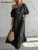 Abito Maxi alla Moda Stile Vacanza Monospalla in Lino con Maniche a Bolla Vestibilità Larga Snellente per Donna
