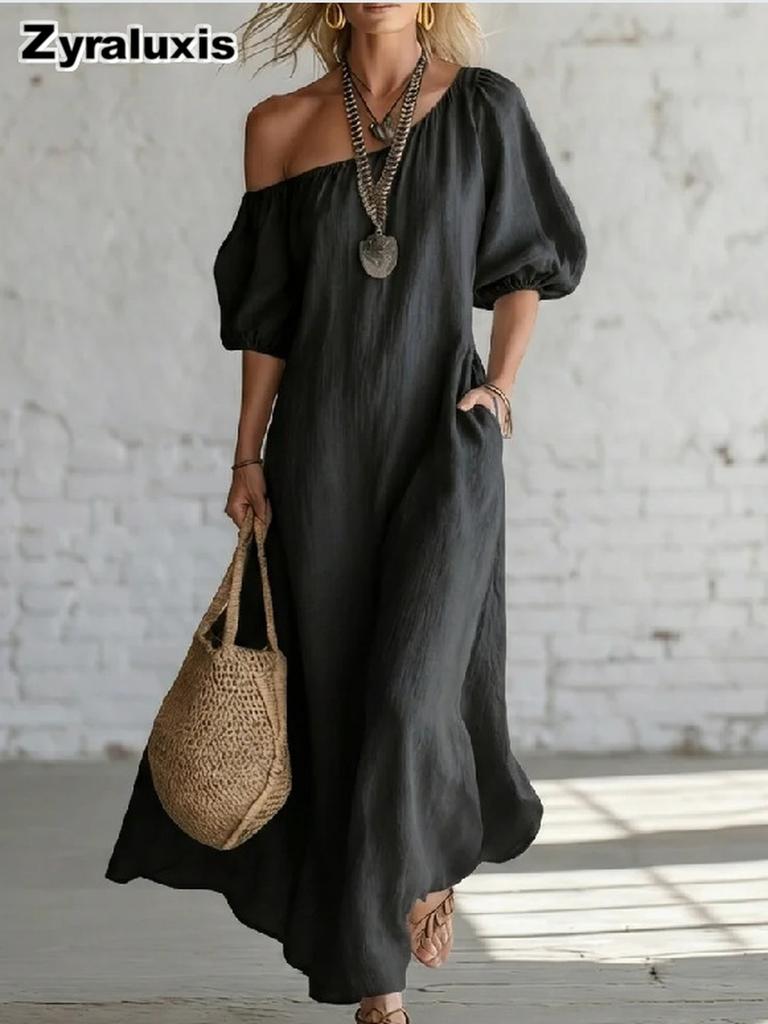Abito Maxi alla Moda Stile Vacanza Monospalla in Lino con Maniche a Bolla Vestibilità Larga Snellente per Donna