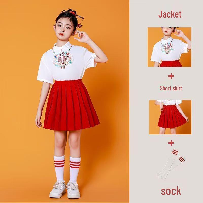 Chinese Style Children's Performance Costumes for Girls - Choir, Recitation, Sports Meeting, and School Uniforms