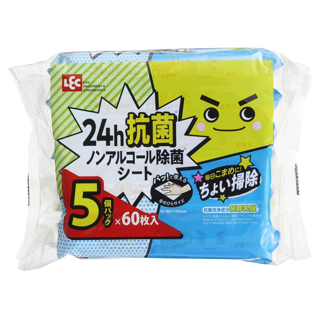 LEC Gekiochikun Quick Cleaning 60 Sheets with Fermented Lactic an Antibacterial Cleaning Agent Sheets, Alcohol-Free Disinfectant, 24-Hour
