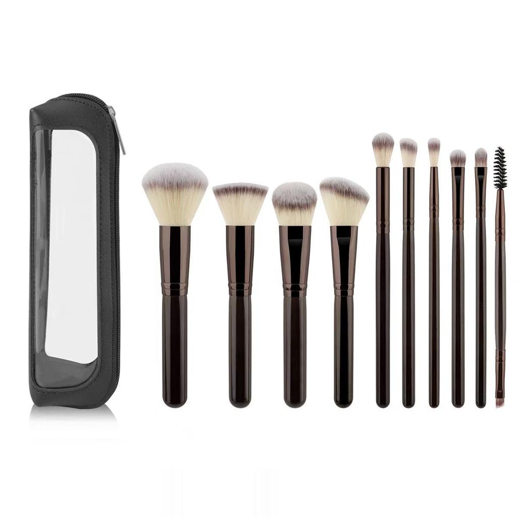 10-Piece Makeup Brush Set with Flat Foundation, Powder, Contour, and Eyeshadow Brushes.