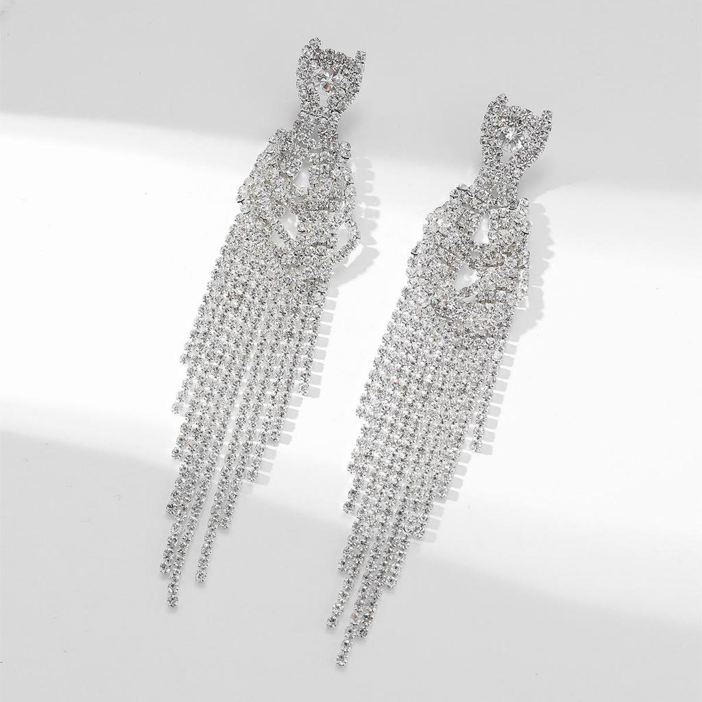 Luxury Rhinestone Tassel Clip-On Earrings for Women - Bridal Accessories
