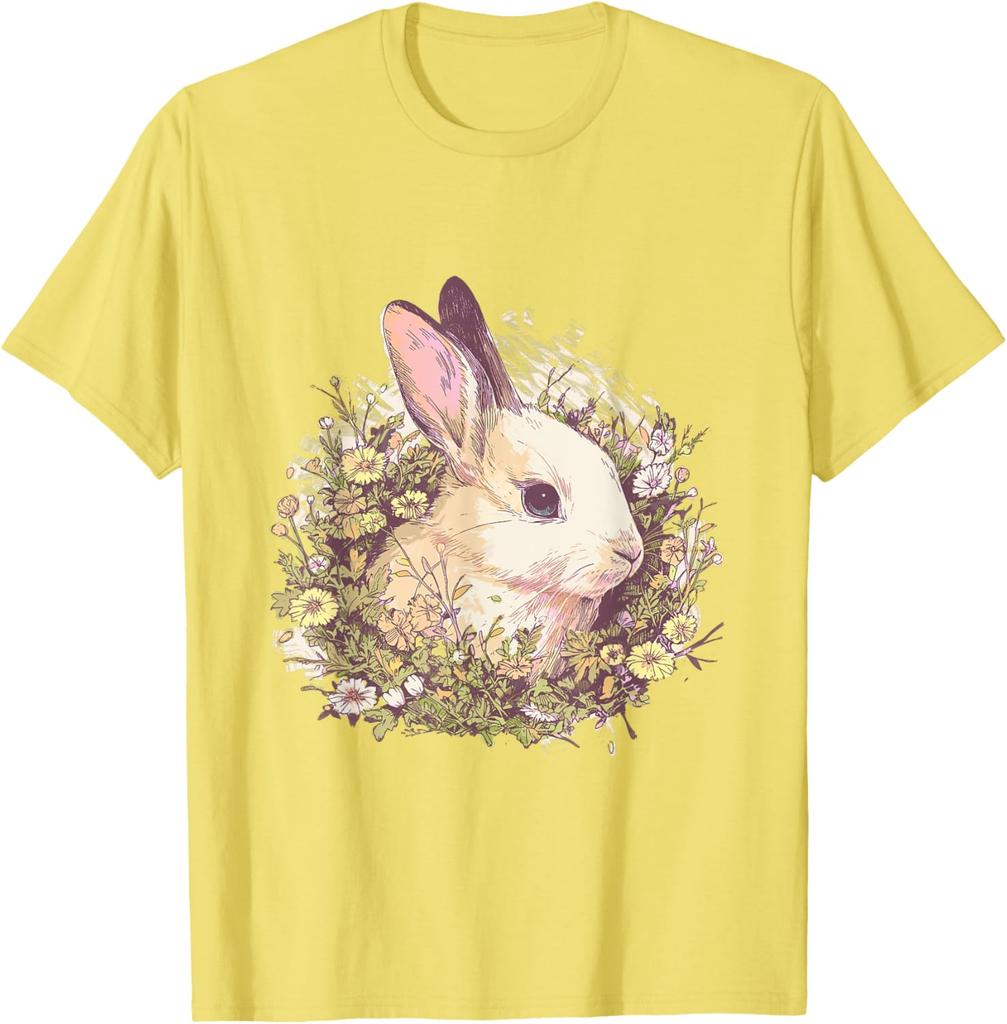 Bunny In Floral Garland Graphic Print Casual Cotton T-Shirt Spring Cottagecore Aesthetic Tee