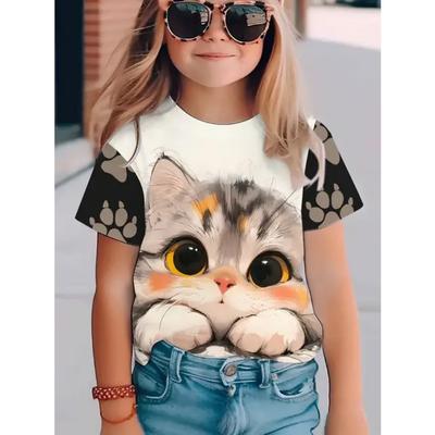 Dziewczęcy T-shirt Wypoczynkowy Kot Koszulki Chłopięce Dziecięce Top Modny Uroczy Wzór Zwierzęcy Dziecięce T-shirty z Krótkim Rękawem