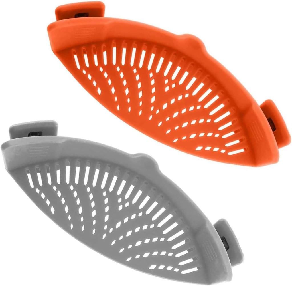 2 Pcs Silicone Clip on Strainer for Pasta Meat Vegetables Fruit, - Fit All Pots and Bowls.